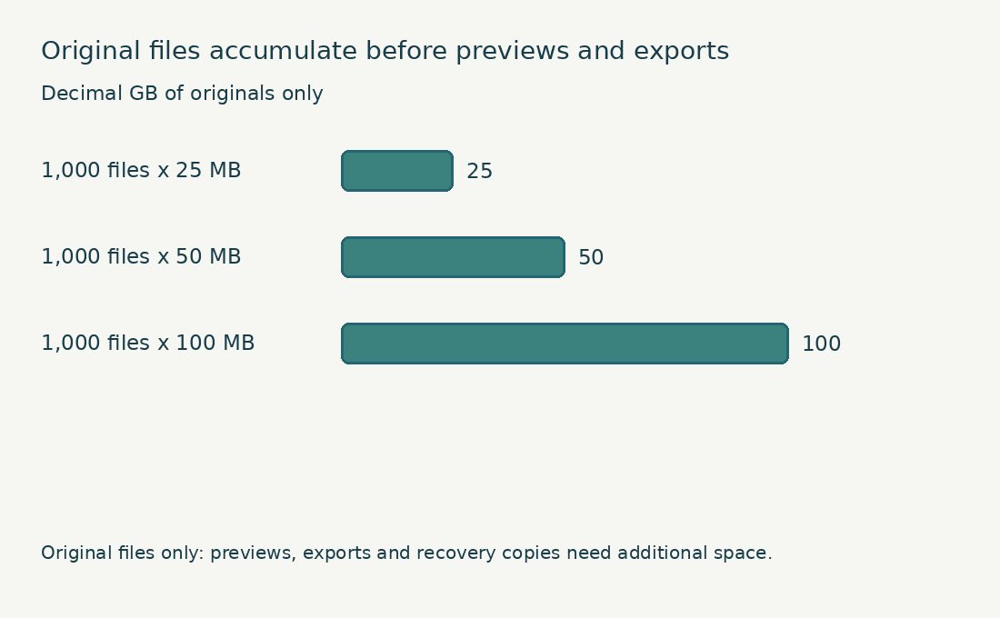 Bar chart showing 25, 50 and 100 GB for 1,000 photographs averaging 25, 50 and 100 MB each.